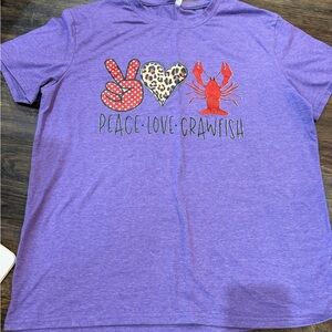Purple Shirt with Peace Love Crawfish Design